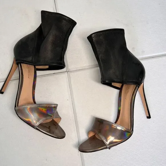 Gianvito Rossi Leather & Iridescent Heel Sandals Sz 8 Black Luxe Stiletto - Picture 3 of 16